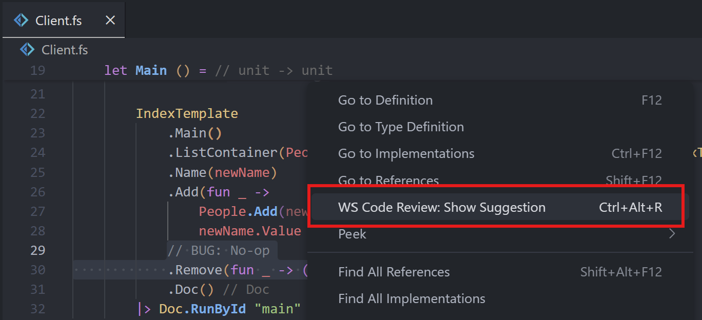 Right-click: WS Code Review → Show Suggestion
